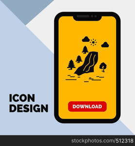 waterfall, tree, pain, clouds, nature Glyph Icon in Mobile for Download Page. Yellow Background. Vector EPS10 Abstract Template background