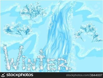 waterfall winter with frozen trees. 10 EPS