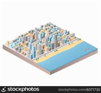 Waterfront City beach and palm trees isometric city map with lots of buildings, skyscrapers, roads and sea coast