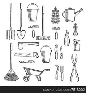 Watering can and plant with gardening hand tools sketches of rakes, shovel, axe and saw, spading fork, wheelbarrow and buckets, trowel, forks, knives and shears, pruners and sprayer. Gardening tools sketches for farming design