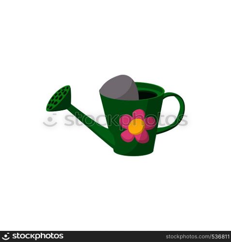 Watering can icon in cartoon style isolated on white background. Green watering can with a flower. Watering can icon, cartoon style