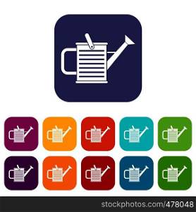 Watering can icons set vector illustration in flat style in colors red, blue, green, and other. Watering can icons set