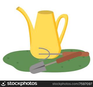 Watering can, shovel and rake garden tools isolated. Vector farmers fork and pitchfork, metal objects with handle. Gardening equipment, work instruments. Watering Can Shovel and Rake Garden Tools Isolated