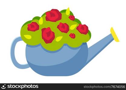 Watering can vase with flowers concept isolated on white background. Red flowers in vase vector flat design. Cartoon illustration of blue watering can vase with bouquet. Potted garden flowering plant. Watering can vase with flowers concept isolated on white background. Red flowers in vase flat design