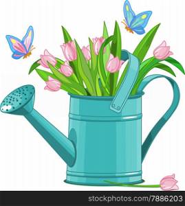 Watering can with bouquet of tulips