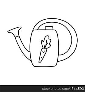 Watering can with carrot sketch. Doodle black line vector illustration. Editable path