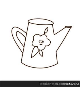Watering can with flower linear doodle drawing. Black and white cartoon vector element.