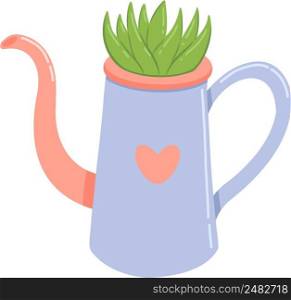 Watering can with flower, plant, tree and sprout. Vector illustration for postcards and stickers