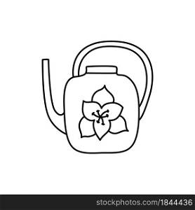 Watering can with flower sketch. Doodle black line vector illustration. Editable path
