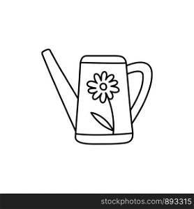 Watering can with flower sketch. Doodle black line vector illustration. Editable path