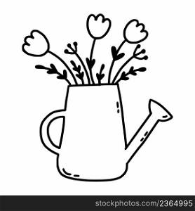 Watering can with flowers. Postcard decor element. Vector doodle illustration. Spring sketch.