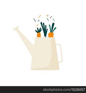 Watering can with fresh vegetables. Buy local food concept. Vector illustration. Watering can with fresh vegetables. Organic veggies. Buy local food concept