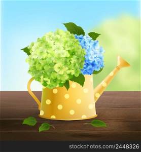 Watering can with green and blue hydrangea flowers on wooden table vector illustration. Watering Can With Hydrangea