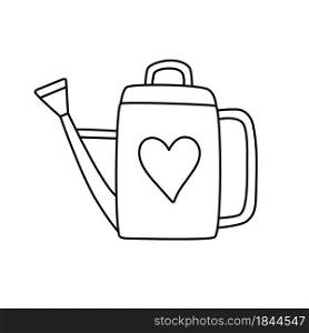 Watering can with heart sketch. Doodle black line vector illustration. Editable path