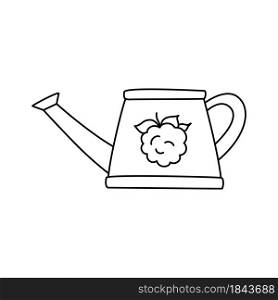 Watering can with raspberry sketch. Doodle black line vector illustration. Editable path