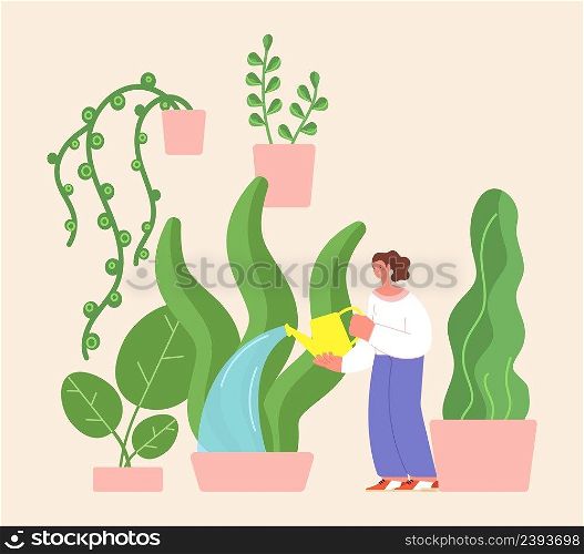 Watering home garden. Woman with water, green giant plants in pots. Gardening relax hobby, agriculture and planting vector concept. Illustration of houseplant garden and watering flowers. Watering home garden. Woman with water, green giant plants in pots. Gardening relax hobby, agriculture and planting vector concept