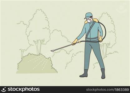 Watering lawn at work concept. Man worker in protective mask standing watering lawn with special equipment making work vector illustration . Watering lawn at work concept.