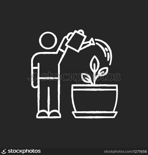 Watering sapling chalk white icon on black background. Plant growing process. Indoor gardening. Moisturizing, rehydrating potting soil. Moistening plants. Isolated vector chalkboard illustration