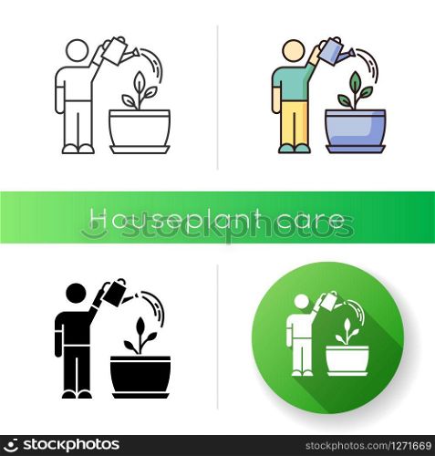Watering sapling icon. Houseplant caring. Plant growing. Indoor gardening. Moisturizing, rehydrating potting soil. Moistening plants. Linear black and RGB color styles. Isolated vector illustrations