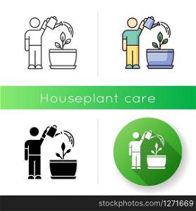 Watering sapling icon. Houseplant caring. Plant growing. Indoor gardening. Moisturizing, rehydrating potting soil. Moistening plants. Linear black and RGB color styles. Isolated vector illustrations