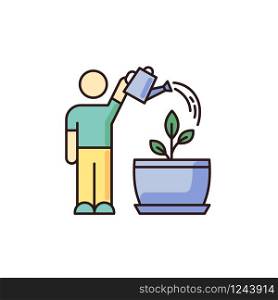 Watering sapling RGB color icon. Houseplant caring. Plant growing process. Indoor gardening. Moisturizing, rehydrating potting soil. Moistening plants. Isolated vector illustration