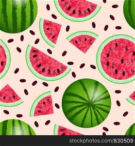 Watermelon - a whole, from different sides, cut off half, cut slice, cut quarters. Seamless Pattern. Vector illustration. Texture of the watermelon with seed. Pink background. Watermelon - a whole, from different sides, cut off half, cut slice, cut quarters. Seamless Pattern. Texture of the watermelon with seed. Vector illustration. Pink background