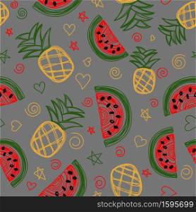 Watermelon and pineapple seamless pattern. Hand drawn vector illustration. Pen or marker doodle sketch. Line art fruits silhouettes. Repeat contour drawing.