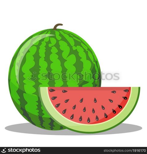 Watermelon and red slice with black seeds. Fresh watermelon vegetable. Vector illustration in flat style. Watermelon and red slice with black seeds.