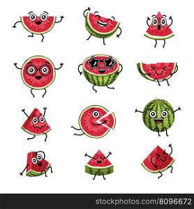 Watermelon characters. Cartoon comic mascots of watermelon with funny smile faces hands and legs recent vector watermelons in action poses. Illustration of character comic watermelon. Watermelon characters. Cartoon comic mascots of watermelon with funny smile faces hands and legs recent vector watermelons in action poses