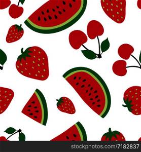Watermelon, cherry and strawberry seamless pattern. Red berry. Sweet fruits. Fashion design. Food print for dress, textile, curtain or linens. Hand drawn vector sketch background. Vegan menu