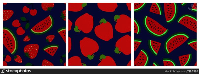 Watermelon, cherry, strawberry and apple. Fruit seamless pattern set. Fashion design. Food print for clothes, linens or curtain. Hand drawn vector sketch. Exotic background collection