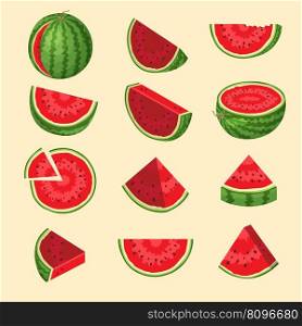 Watermelon. Fresh fruits sliced watermelon pieces helthy natural products recent vector cartoon nature illustration of watermelon fresh, fruit food sweet. Watermelon. Fresh fruits sliced watermelon pieces helthy natural products recent vector cartoon nature illustration