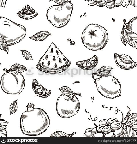 Watermelon fruit and apple with leaf monochrome sketches outline, seamless pattern vector. Organic food and slices of orange, grapes and peach, apricot and pear, pomegranate rich in vitamins. Watermelon fruit and apple with leaf sketches pattern vector
