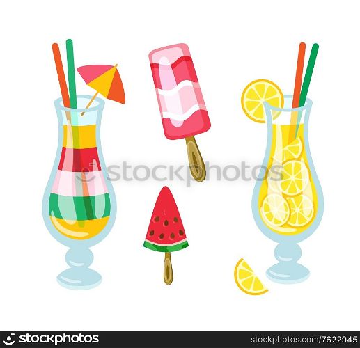 Watermelon ice cream on stick vector, lemonade in glass, cocktail with liquids, beverage. Tropical style of serving of drinks, frozen creamy desserts. Cocktails Drinks and Beverages, Ice Cream, Fruits