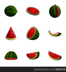 Watermelon icon set. Cartoon set of 9 watermelon vector icons for web design isolated on white background. Watermelon icon set, cartoon style