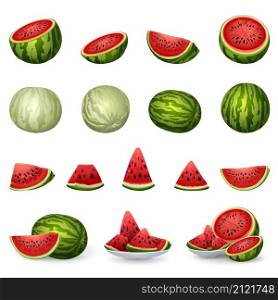 Watermelon icons set cartoon vector. Cap preparing. Summer fresh fruit. Watermelon icons set cartoon vector. Cap preparing