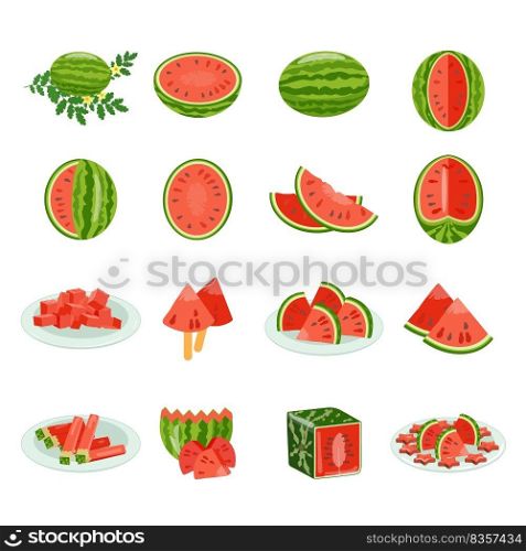 Watermelon icons set cartoon vector. Preparing cap. Fresh summer slice. Watermelon icons set cartoon vector. Preparing cap