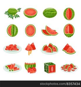Watermelon icons set cartoon vector. Preparing cap. Fresh summer slice. Watermelon icons set cartoon vector. Preparing cap