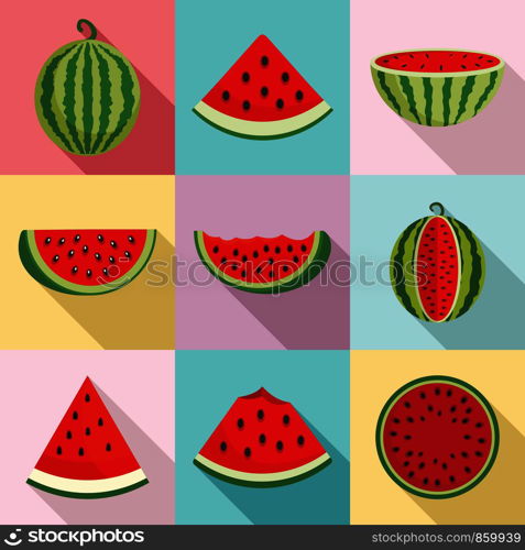 Watermelon icons set. Flat set of watermelon vector icons for web design. Watermelon icons set, flat style