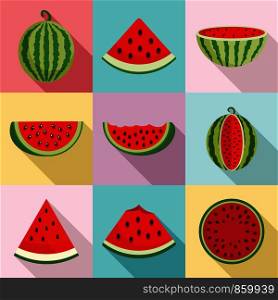 Watermelon icons set. Flat set of watermelon vector icons for web design. Watermelon icons set, flat style