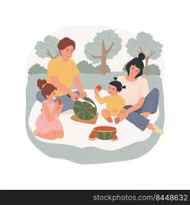 Watermelon isolated cartoon vector illustration. Parent cuts watermelon, kids eating juicy fruit, family having picnic in a park, sitting on grass, leisure time in the nature vector cartoon.. Watermelon isolated cartoon vector illustration.