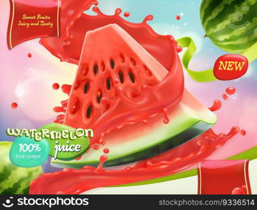Watermelon juice. Sweet fruits. 3d realistic vector, package design