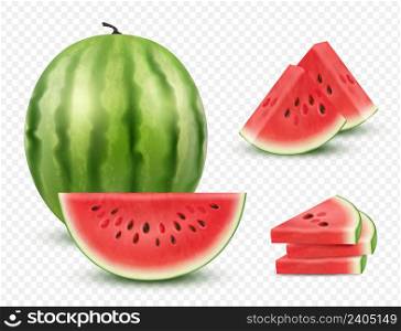 Watermelon realistic. Collection slices healthy natural berry watermelon fruit decent vector illustration isolated on white. Illustration of watermelon realistic juicy and healthy. Watermelon realistic. Collection slices healthy natural berry watermelon fruit decent vector illustration isolated on white