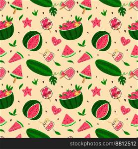 Watermelon seamless pattern. Bright whole fruits. Sweet pieces and slices. Cocktail glasses. Summer juicy snack and drink. Diet berry desserts. Fresh and tasty natural melons. Garish vector background. Watermelon seamless pattern. Bright whole fruits. Sweet pieces and slices. Cocktail glasses. Summer snack and drink. Diet berry desserts. Fresh and tasty melons. Garish vector background