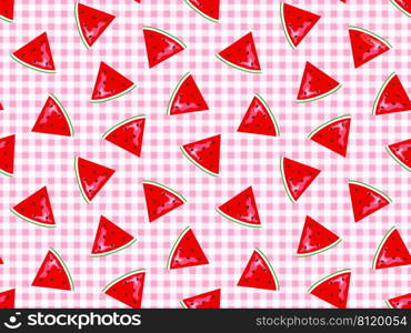 Watermelon seamless pattern design with pinked white gingham geometric background