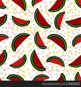 Watermelon seamless pattern. Dessert texture with cute slice. Colorful vector for wallpaper, web page background, wrapping, packaging, textile, scrapbook, fabric, menu. Watermelon seamless pattern. Dessert texture with cute slice