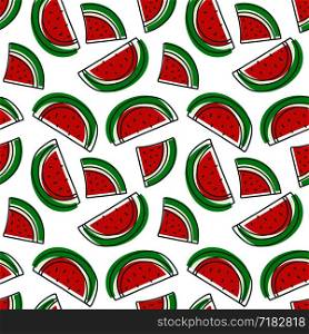 Watermelon seamless pattern. Hand drawn fresh berry. Vector sketch background. Doodle wallpaper. Red and green summer print