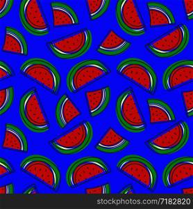 Watermelon seamless pattern. Hand drawn fresh berry. Vector sketch background. Doodle wallpaper. Red, blue and green summer print
