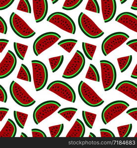 Watermelon seamless pattern. Hand drawn fresh berry. Vector sketch background. Doodle wallpaper. Red and green print for kitchen tablecloth, curtain or dishcloth. Fashion design