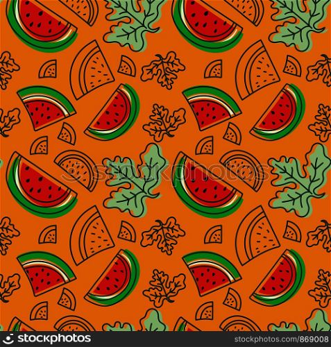 Watermelon seamless pattern. Hand drawn fresh tropical berry. Multicolored vector sketch background. Colorful doodle wallpaper. Red, orange and green print